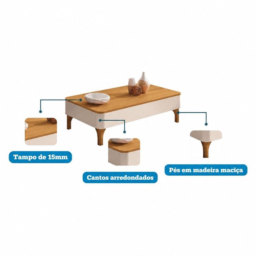 Mesa De Centro Com Pés Em Madeira Maciça Ariadne Espresso Móveis Off White/cinamomo - imagem 4