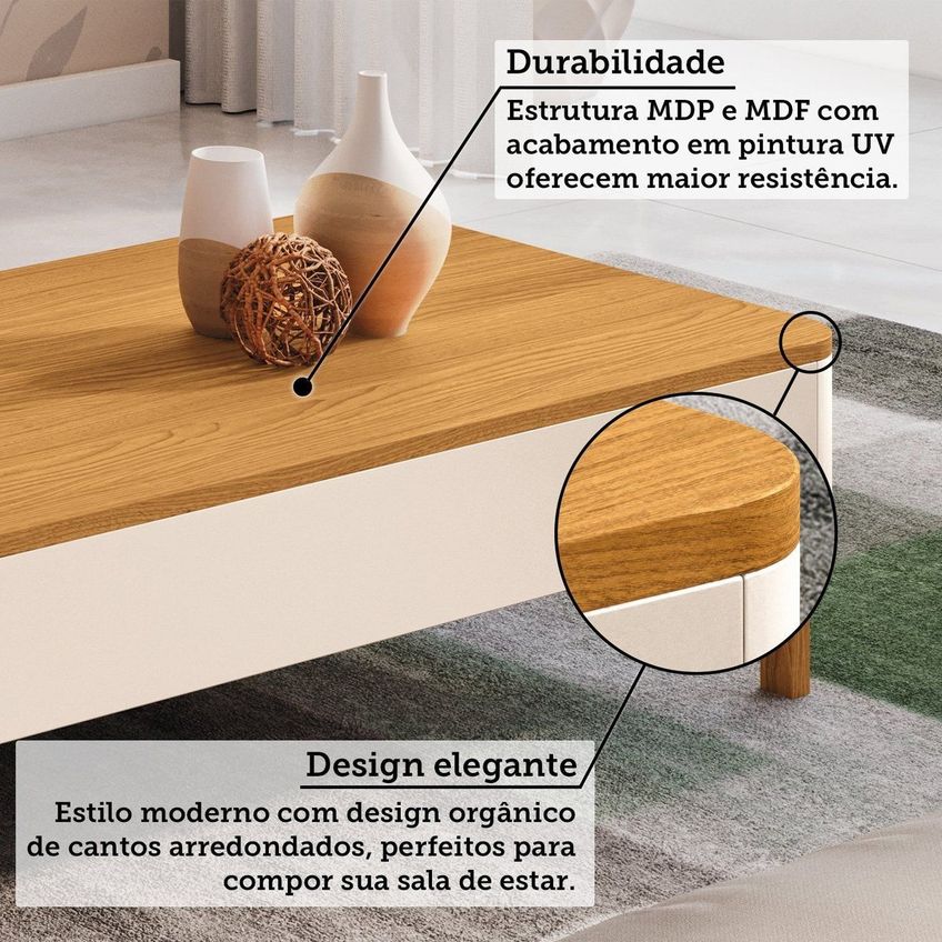 Mesa De Centro Com Pés Em Madeira Maciça Ariadne Espresso Móveis Off White/cinamomo - imagem 5
