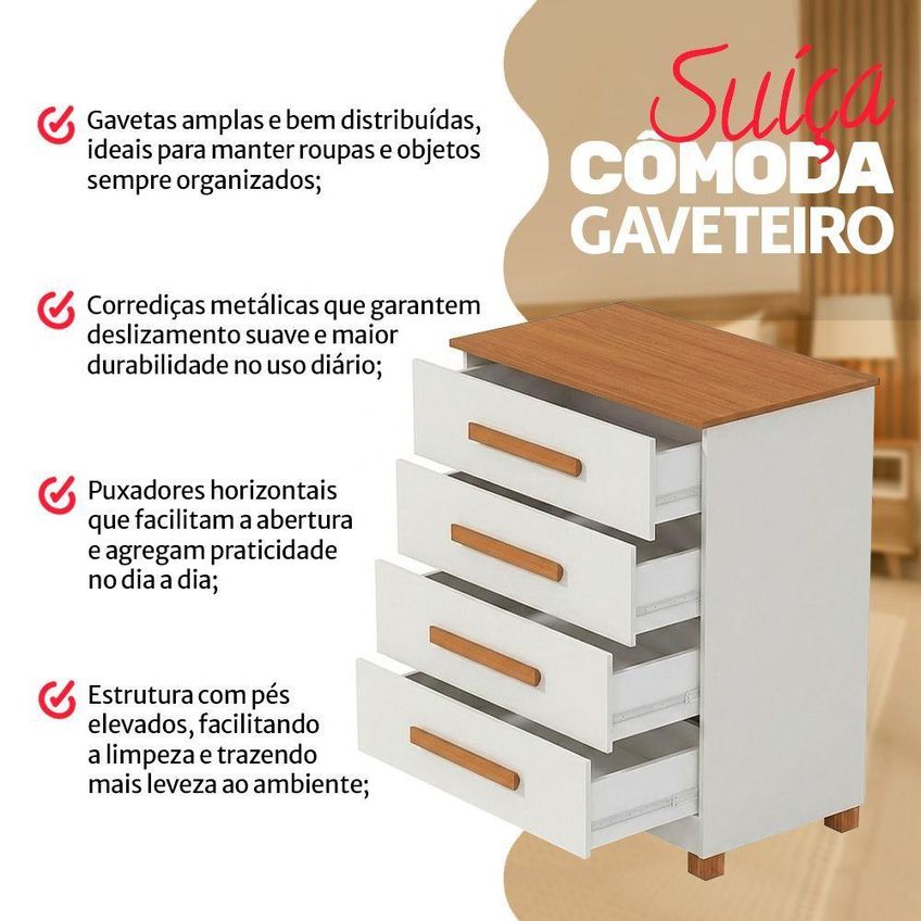 Gaveteiro Suíça 4 Gavetas MDF MDP Puxador Integrado Branco Nature Infantile Móveis - imagem 3