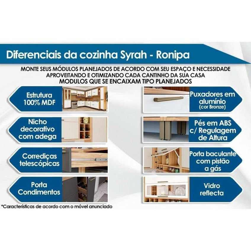 Cozinha Modulada Ronipa Syrah 5 Peças (3 Aéreos + 2 Balcão) C5p09 Amendoa/Off White - Ronipa - imagem 2