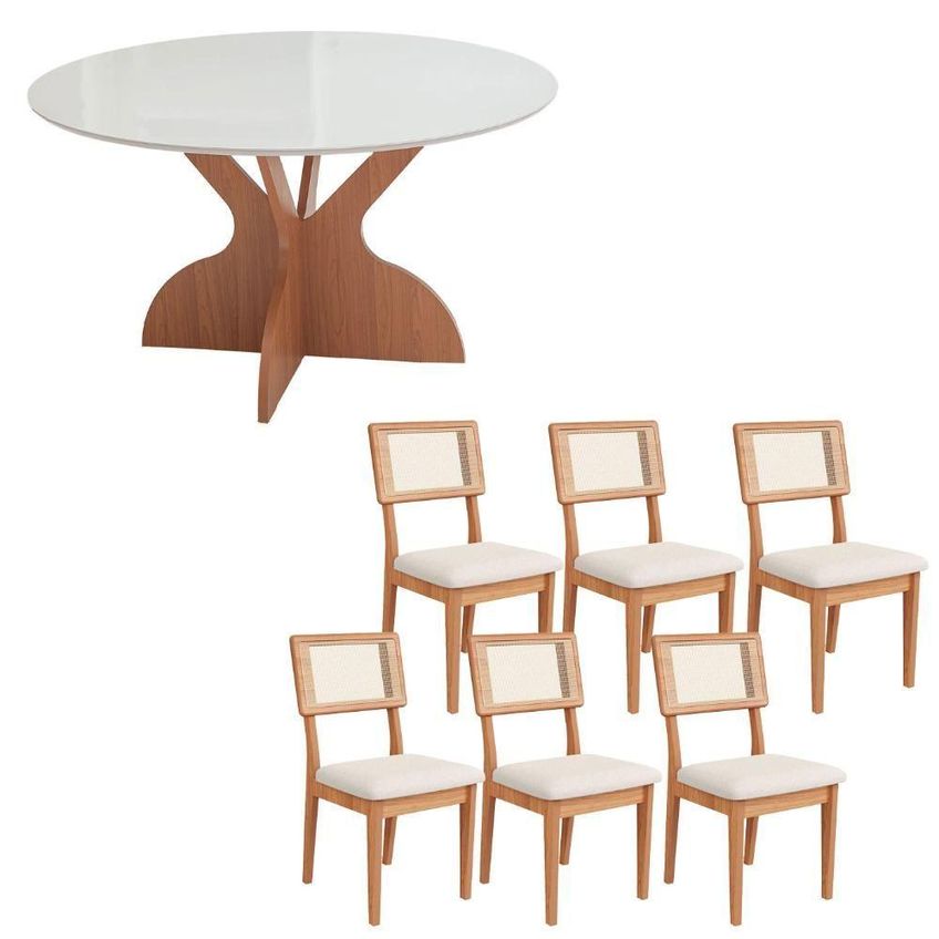 Mesa De Jantar 1,35m Tampo De Vidro Com 6 Cadeiras Off White Com Freijó E Cesare Claro - imagem 5
