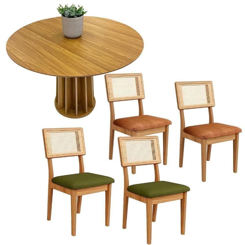 Conjunto De Jantar Mesa Redonda 4 Lugares Mdf Tela Palha Freijó Com Verde E Terracota Dalla Costa - imagem 4