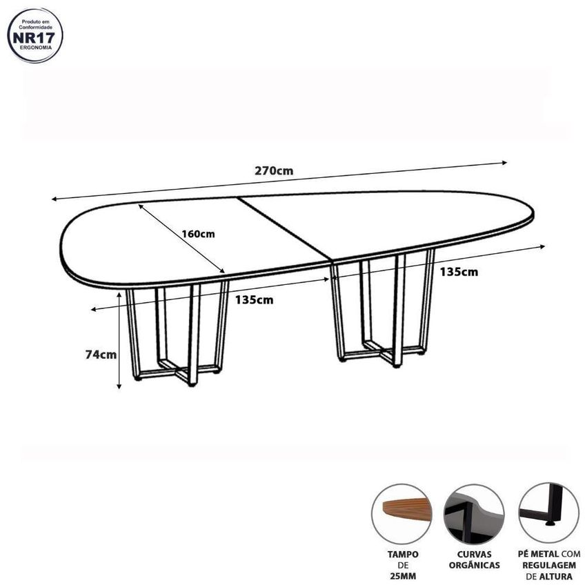 Mesa De Reunião Orgânica Tampo Bipartido 270cm Macadâmia Com Branco F5 Office - imagem 3