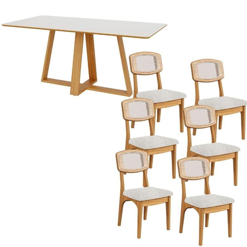 Conjunto Sala Jantar 6 Lugares MDF Off White Com Freijó E Tweed Claro 180cm - imagem 3