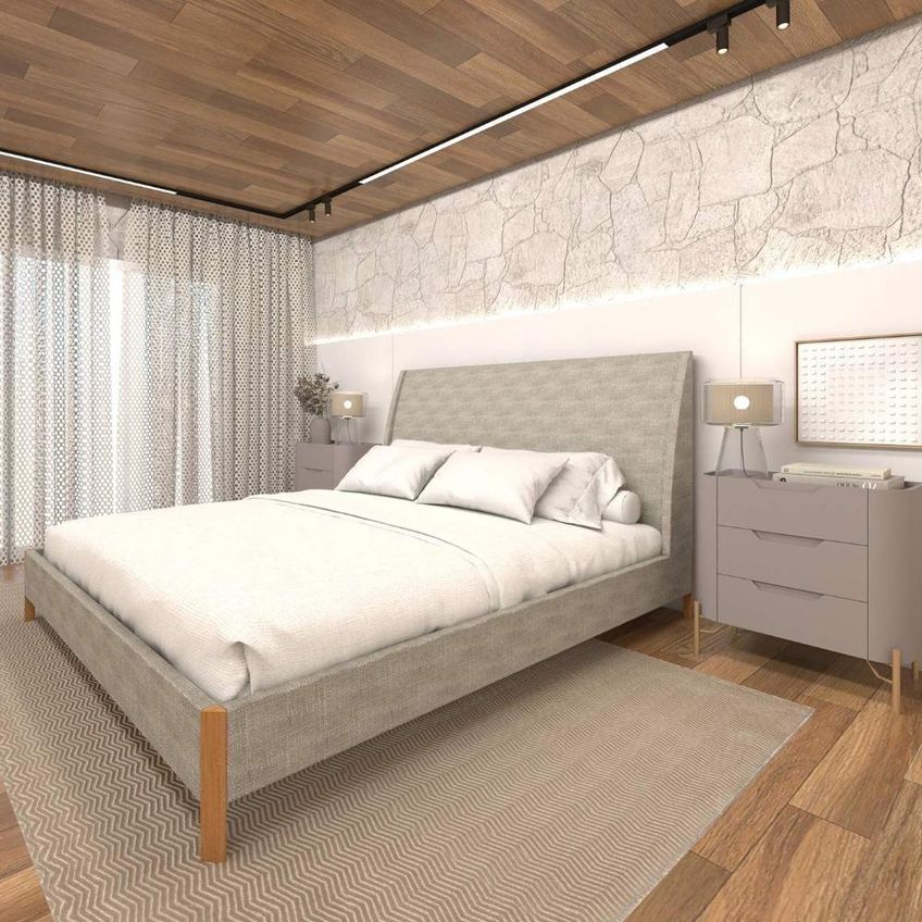 Cama King Estofada E 2 Mesas Com Gavetas MDF 203cm Linho Lincoln Amêndoa Com Grigio - imagem 4
