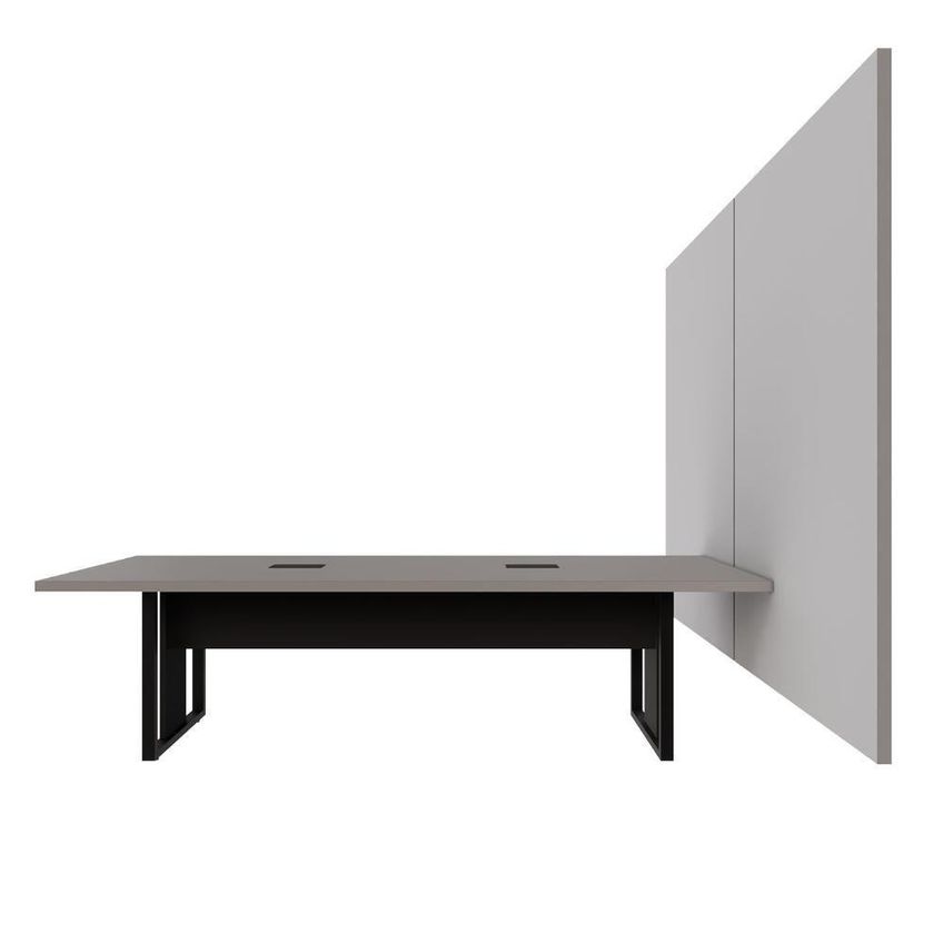 Mesa Reunião 2,70m Com 2 Caixas De Tomadas E Painel Duplo De TV MDF-MDP Cinza Sagrado Com Preto F5 - imagem 3