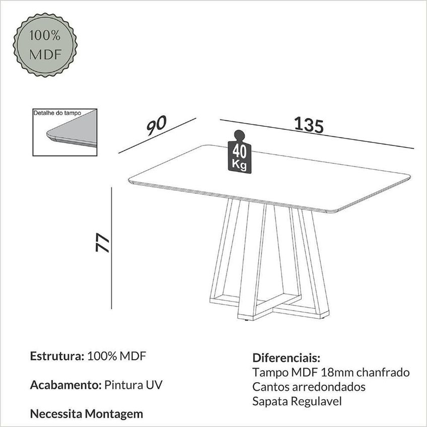 Mesa De Jantar 4 Lugares Tampo Mdf 135cm Off White Com Freijó E Bege Rústico Dalla Costa Móveis - imagem 3