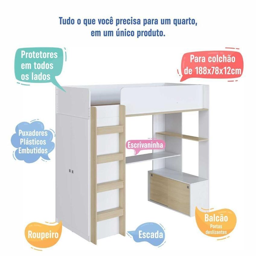 Cama Infantil Com Guarda Roupa Balcão E Escrivaninha 2 Portas Mdp 196,2cm Branco Com Carvalho - imagem 3