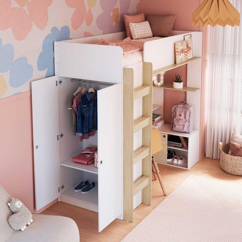 Cama Infantil Com Guarda Roupa Balcão E Escrivaninha 2 Portas Mdp 196,2cm Branco Com Carvalho - imagem 5