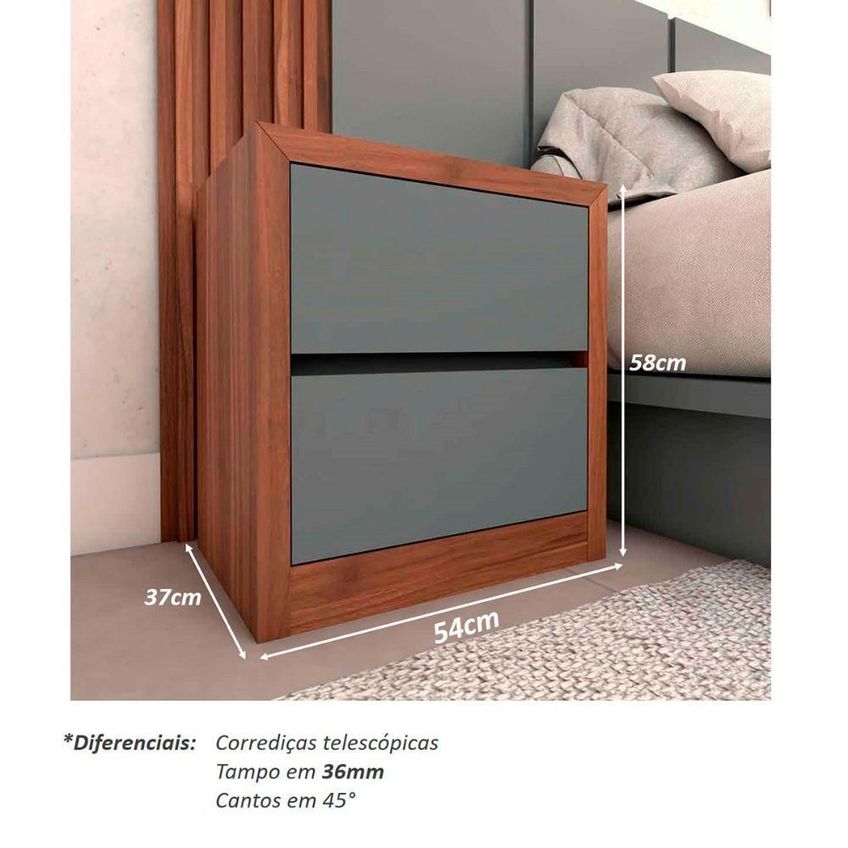 Cabeceira Painel King 3,50m E 2 Mesas MDF Fixação Na Parede Nogueira Cadiz Com Cinza Sagrado - imagem 4