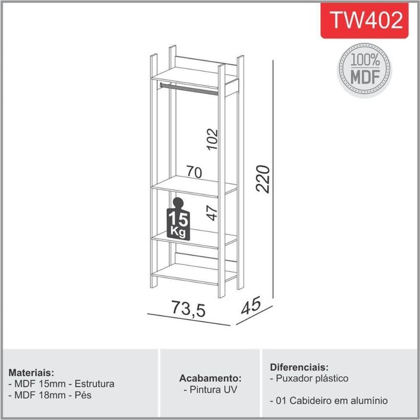 Estante Closet 4 Prateleiras MDF 73,5cm Off White Com Freijó Dalla Costa Móveis - imagem 4