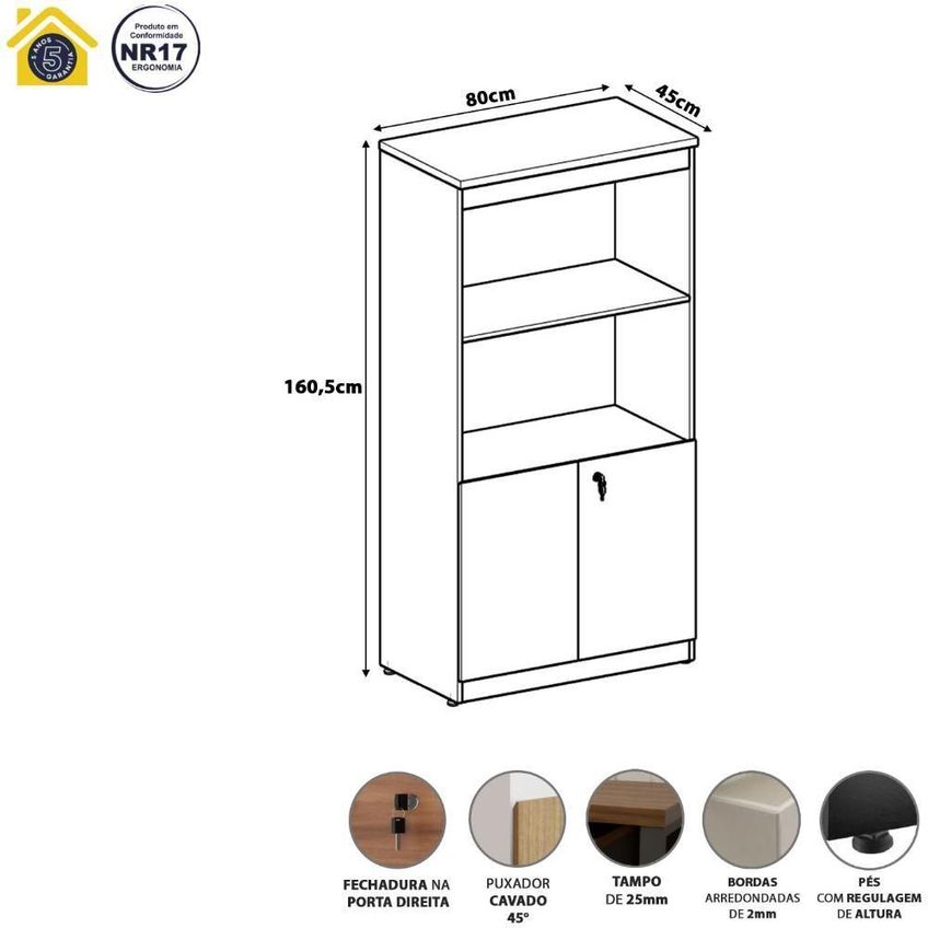 Estante Armário Para Escritório 2 Portas Com Chave 1 Prateleira 80cm Cinza F5 Office - imagem 5