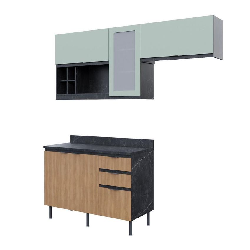 Cozinha Modulada Esmeralda 4 Portas 1 Gaveta Mdp 200cm Lunar Com Verde Mar E Freijó Tecno Mobili - imagem 3