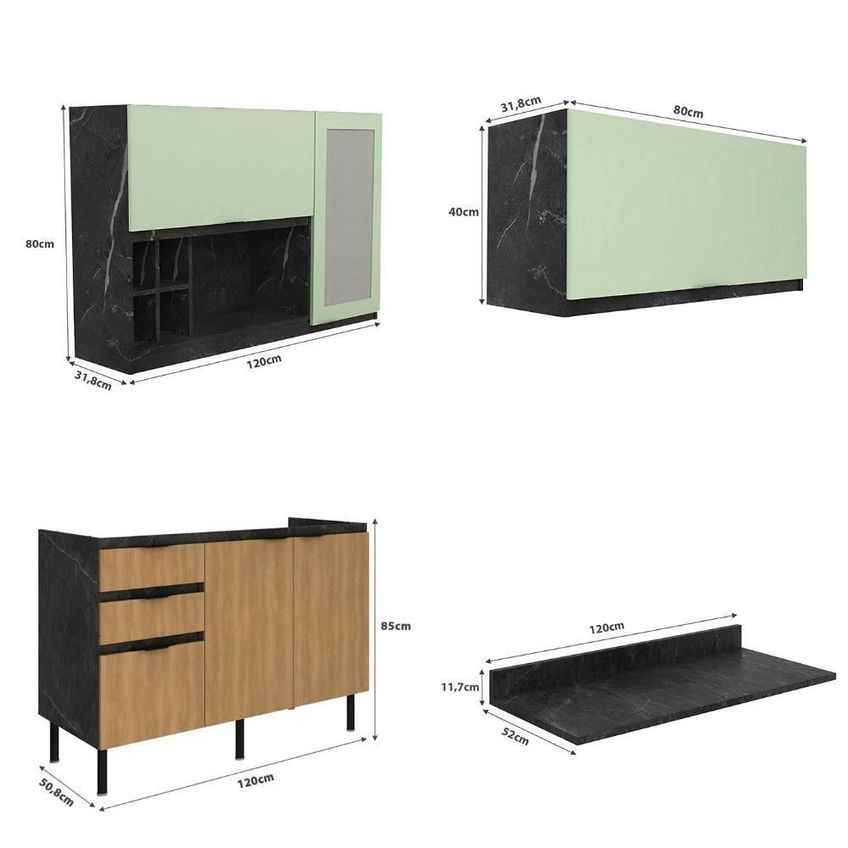 Cozinha Modulada Esmeralda 4 Portas 1 Gaveta Mdp 200cm Lunar Com Verde Mar E Freijó Tecno Mobili - imagem 4