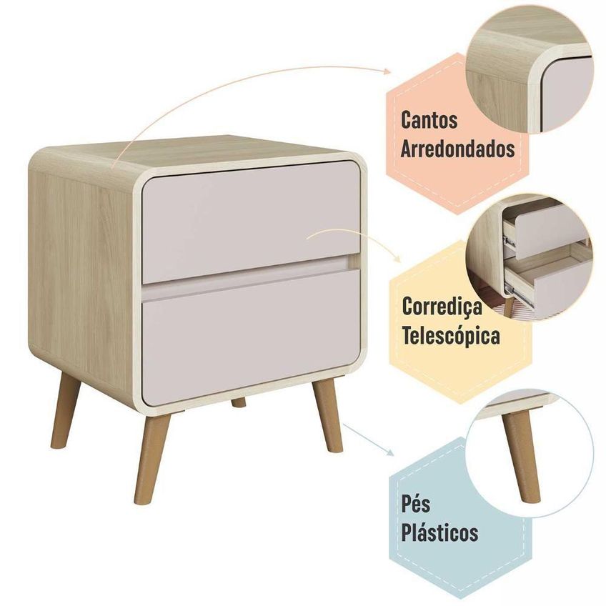 Mesa De Cabeceira Mesa De 2 Gavetas Cantos Arredondados E Pés Palito MDF MDP Moderno Bege Dunas - imagem 4