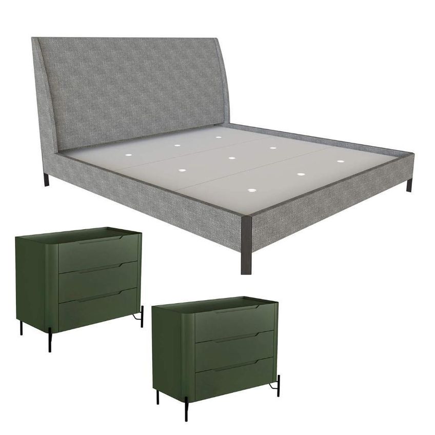 Cama King Estofada Com 2 Mesas Mdf 4 Gavetas 203cm Linho Lincoln Níquel Com Musgo - imagem 3