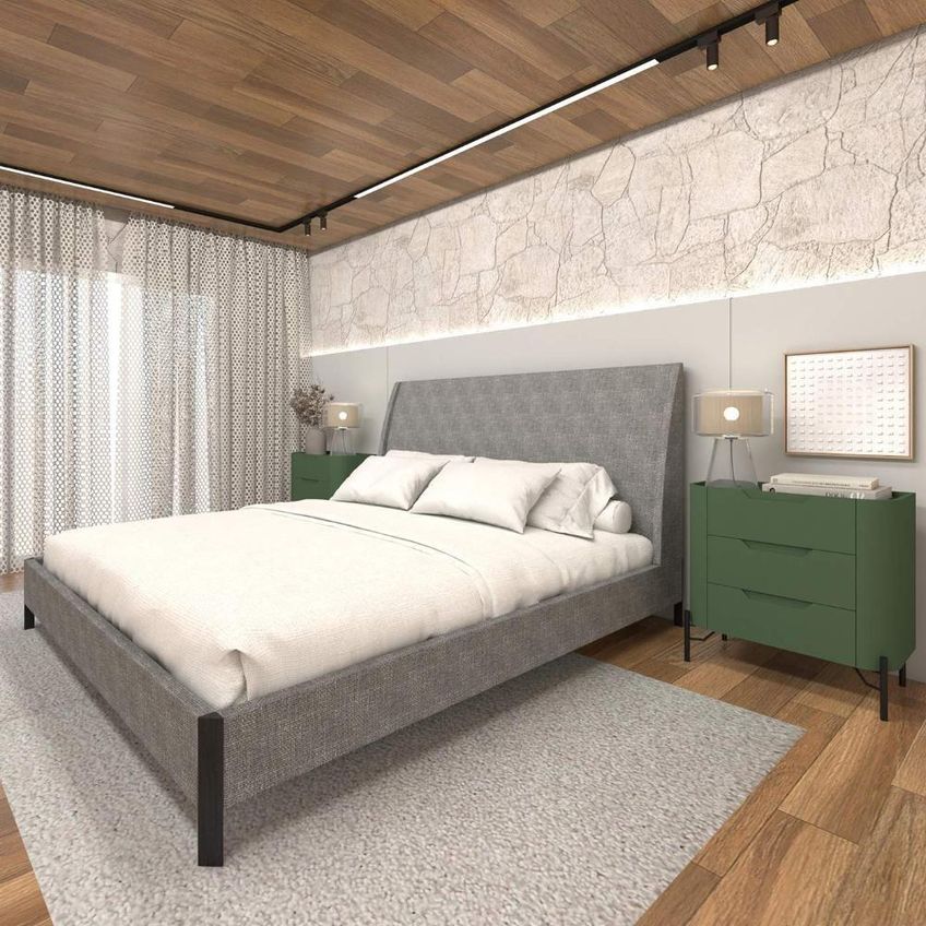 Cama King Estofada Com 2 Mesas Mdf 4 Gavetas 203cm Linho Lincoln Níquel Com Musgo - imagem 4