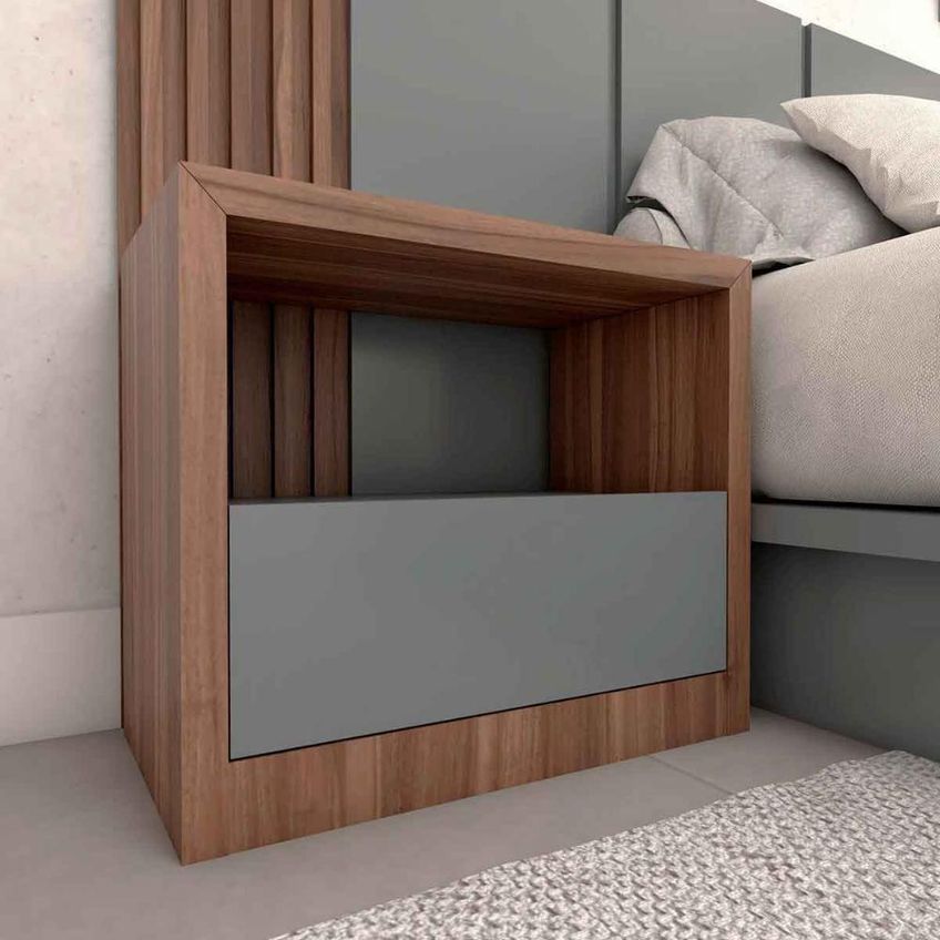 Mesa De Cabeceira Personalizada Nogueira Cadiz Com Cinza Sagrado 1 Gaveta MDF Casa Lar Shop - imagem 3