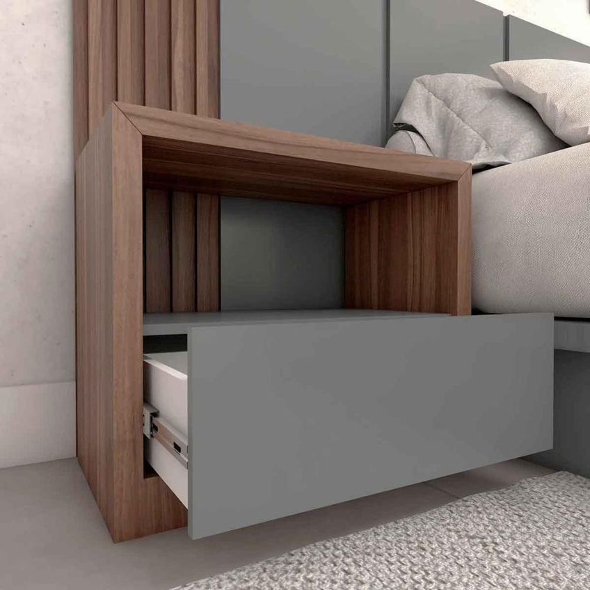 Cama Box Queen Cama E Cabeceira Com 2 Mesas Laterais MDF Sob Medida Nogueira Cadiz Com Cinza Sagrado - imagem 3