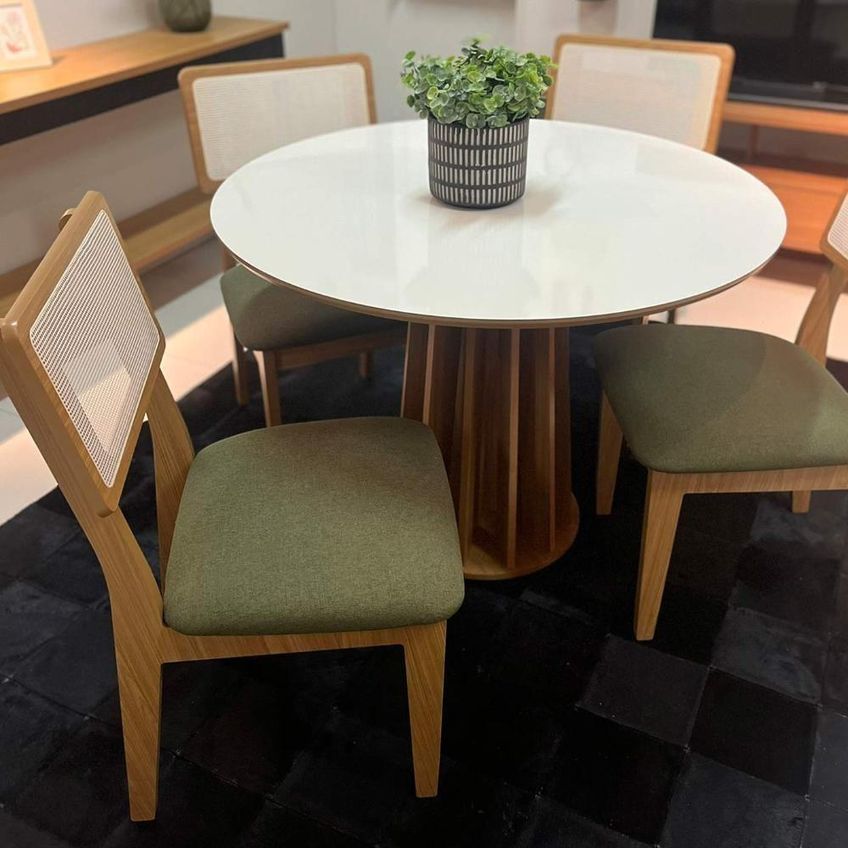 Conjunto De Jantar Mesa Redonda 4 Lugares Tampo Mdf Tela Palha Freijó Com Off White E Verde - imagem 4