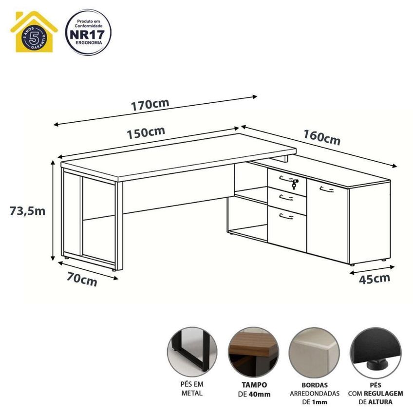 Mesa Para Escritório Em L Com Armário Lateral E Gaveteiro Industrial 3 Gavetas Branco F5 Office - imagem 3