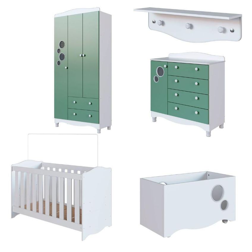 Quarto Infantil 5 Peças Com Berço Guarda Roupa Cômoda Prateleira Caixa Organizadora MDP Branco - imagem 4