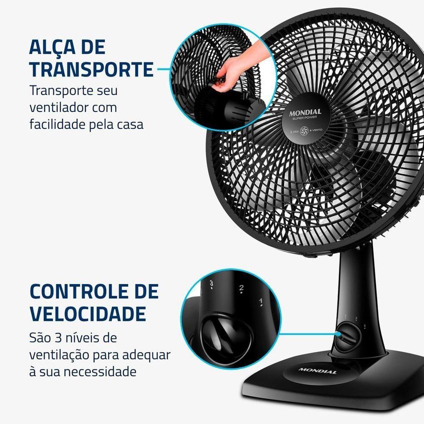 Ventilador de Mesa Mondial 60W 30cm 6 Pás 3 Velocidades Preto VSP-30-B 110V - imagem 4