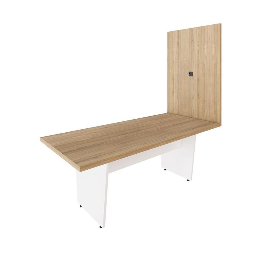 Mesa De Escritório Com Painel Para TV F5 Moderno Sem Gavetas 200cm Macadâmia Com Branco - imagem 3
