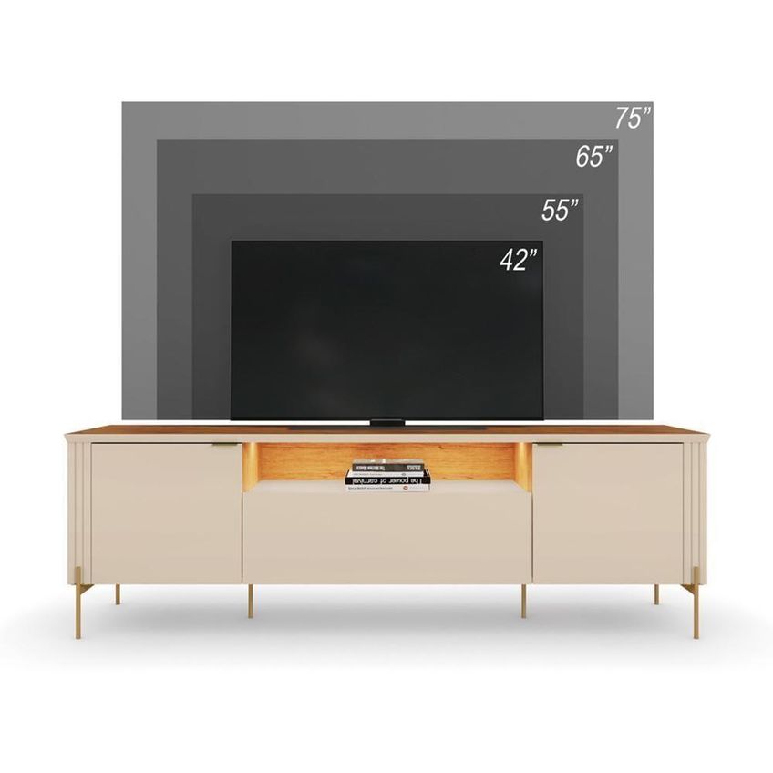 Rack Bancada Para TV Dourados 75" 180cm MDF-MDP com LED Off White-Canela Mobler - imagem 3