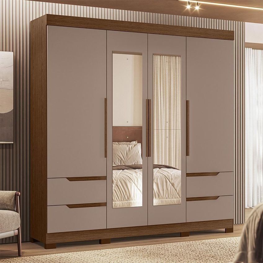 Guarda Roupa Casal Vivacce 4 Portas De Bater 4 Gavetas Com Espelho Nogueira-capuccino Albatroz - imagem 5