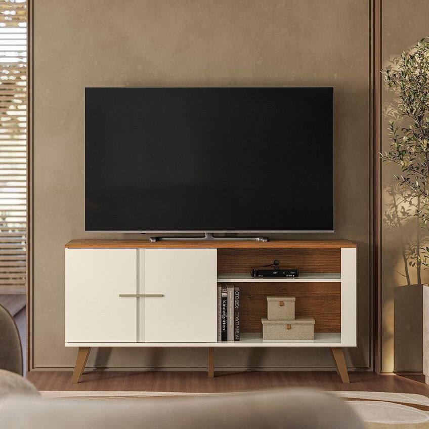 Rack Bancada Para TV Ilhéus 135,8cm MDP Off White-Canela Mbler - imagem 3