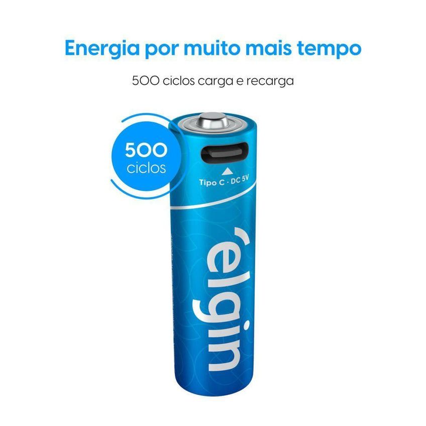 Pilha Recarregável Aa Elgin Alcalina 1200mah 1,6v Usb-c Kit 2 Unidades - imagem 3