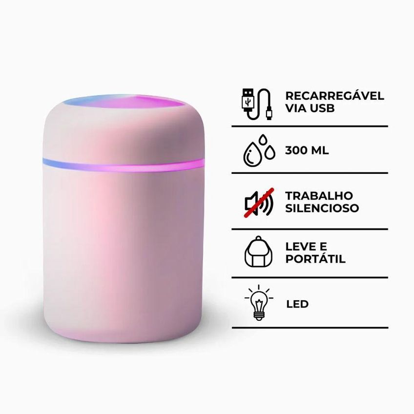 Umidificador Portátil Ultrassônico USB Utimix 0,3L Com Luminária LED Difusor de Aroma Rosa - imagem 4