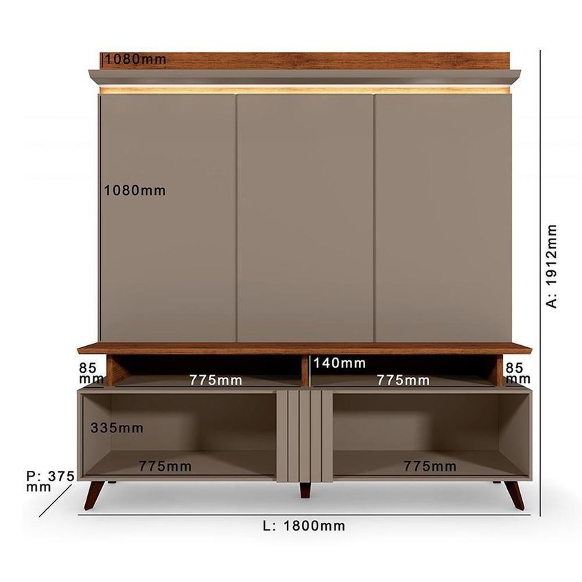 Estante Home Theater Petrópolis 1.8 2 Portas MDF-MDP 180cm Grigio Fosco-Canela Mbler - imagem 3