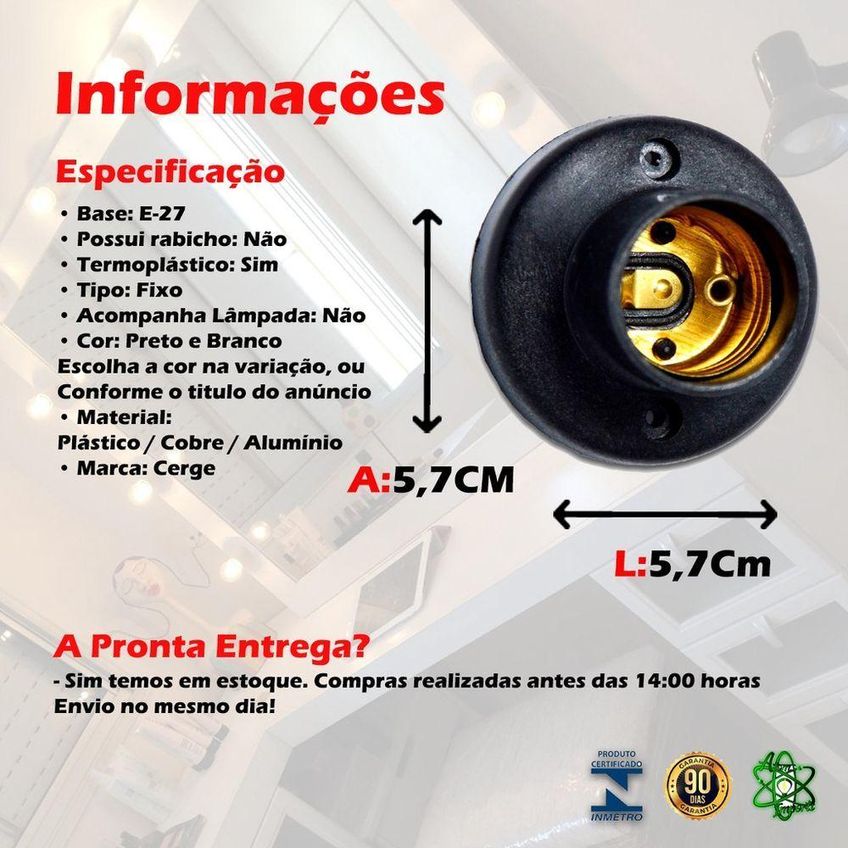Soquete Para Lâmpada Plástico Fixo E27 Rosca De Teto Preto Decoração Ilumi Materiais Elétricos - imagem 3
