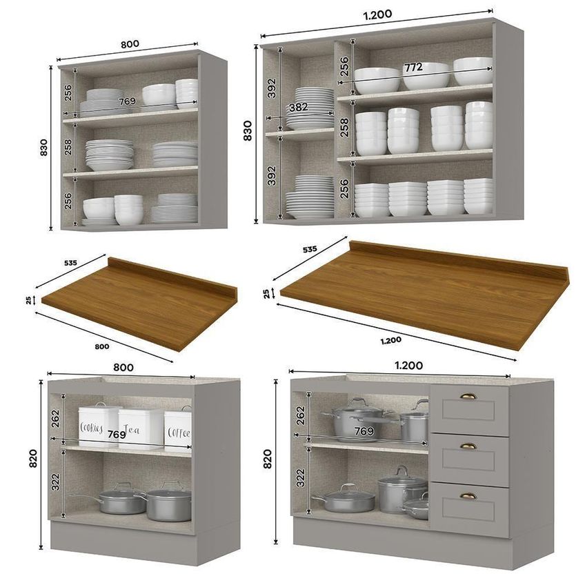Cozinha Americana 4 Peças Com Balcão E Tampo 9 Portas 3 Gavetas MDF Cinza-Nature Móveis Henn - imagem 3