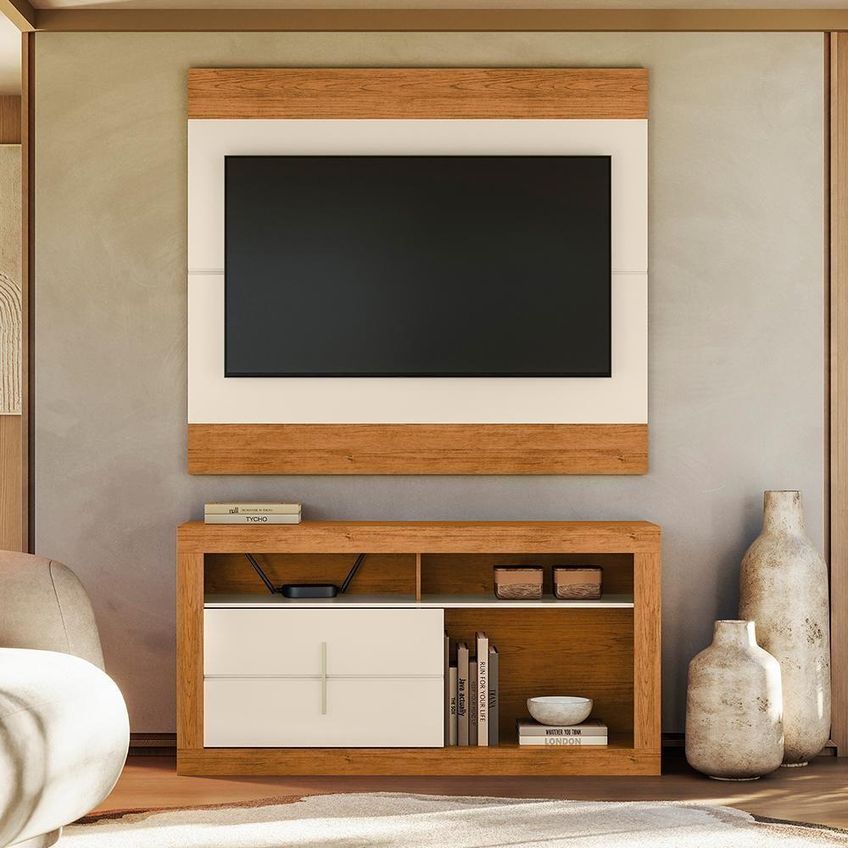 Rack Com Painel Para TV 55" Búzios MDF MDP Off White Canela Mbler - imagem 3