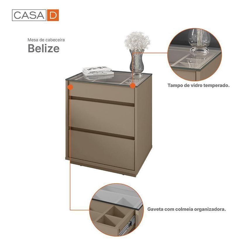Mesa De Cabeceira Belize 3 Gavetas MDP Fendi Casa D Móveis - imagem 3