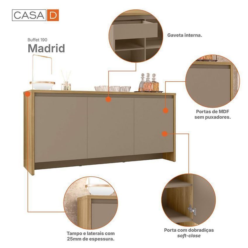 Buffet Aparador Madrid 3 Portas 1 Gaveta MDF MDP Hannover-Fendi Casa D Móveis - imagem 4
