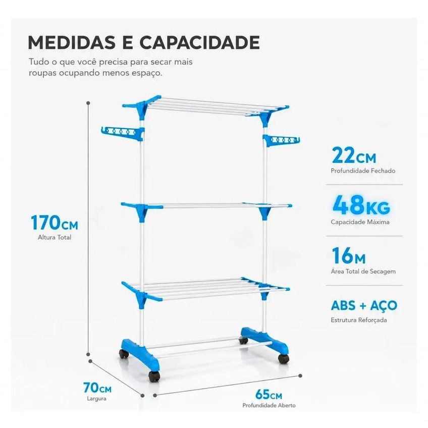 Varal De Chão Torre 3 Andares Retrátil Dobrável Compacto Em Aço Inox E Plástico Secagem Vertical - imagem 3