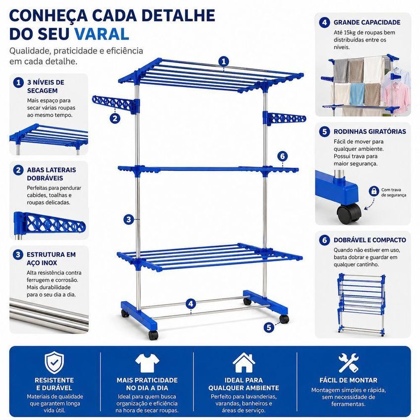 Varal De Chão Torre 3 Andares Retrátil Dobrável Compacto Em Aço Inox E Plástico Secagem Vertical - imagem 4