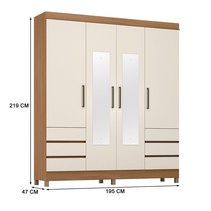 Guarda Roupa Casal Roma 4 Portas De Bater 6 Gavetas Com Espelho Amêndola Off White Demóbile - imagem 5