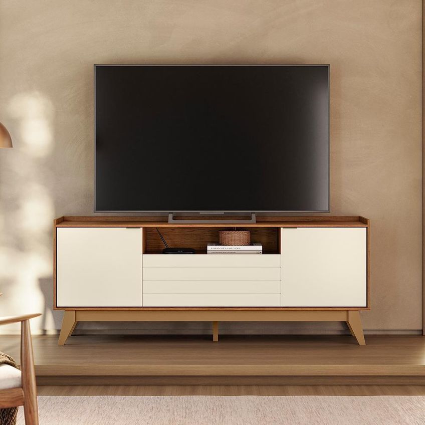 Rack Bancada Para TV Franca 65 160,4cm MDF MDP Com Porta Basculante Off White Mobler - imagem 4