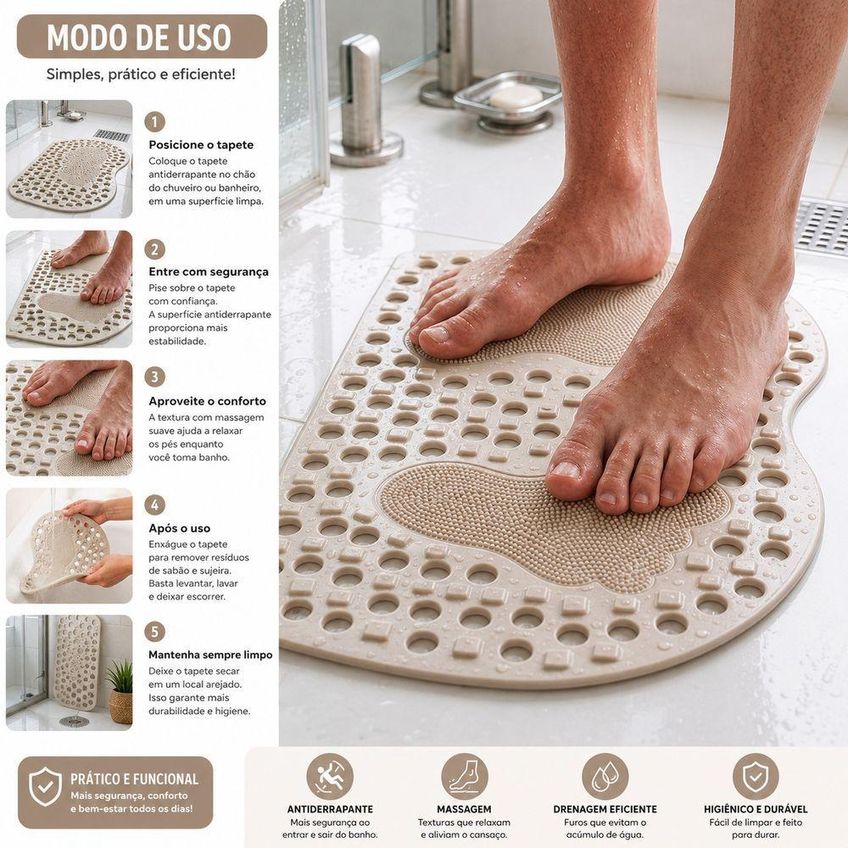 Tapete Para Banheiro Antiderrapante Bege Com Ventosas Superfície Massageadora Em Pvc Utimix - imagem 5