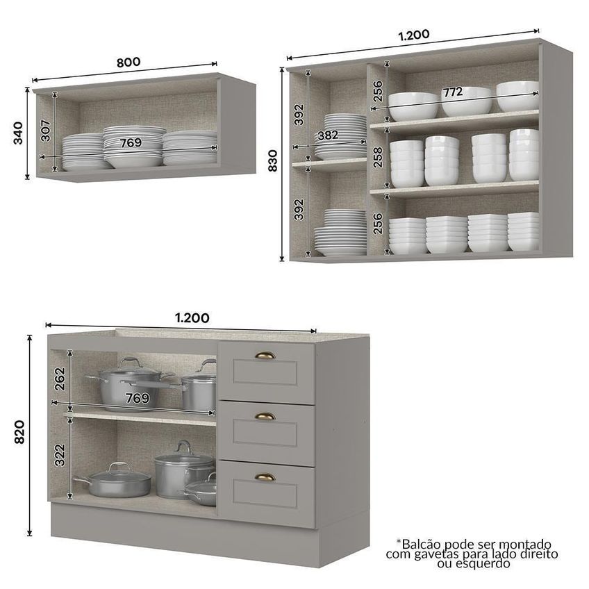 Cozinha Completa Americana 4 Peças 7 Portas 3 Gavetas MDF 120cm Cinza Móveis Henn - imagem 4