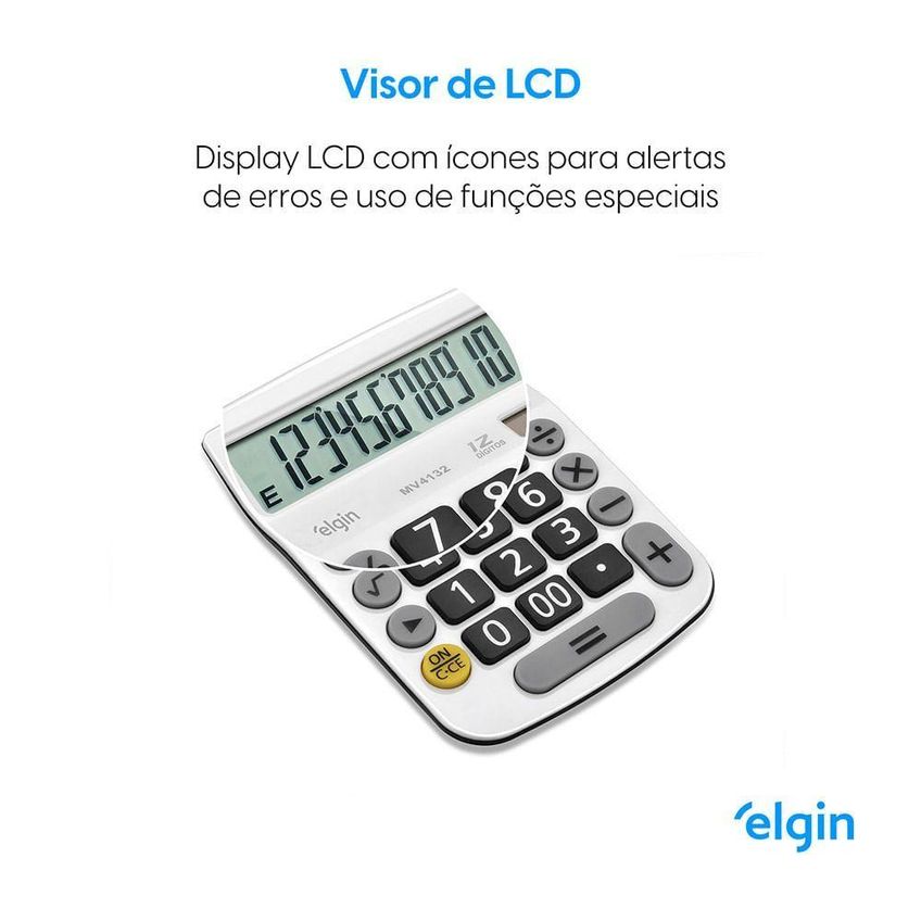 Calculadora De Mesa Elgin Mv 4132 12 Dígitos Visor Cristal Líquido Funções Porcentagem Branco - imagem 3