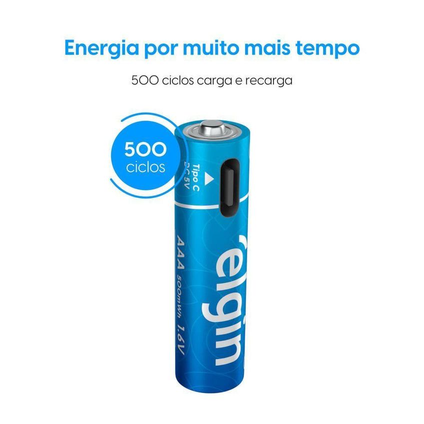 Pilha Recarregável AAA Palito USB-C 1200mAh Kit 2 Unidades Com Cabo Elgin - imagem 2