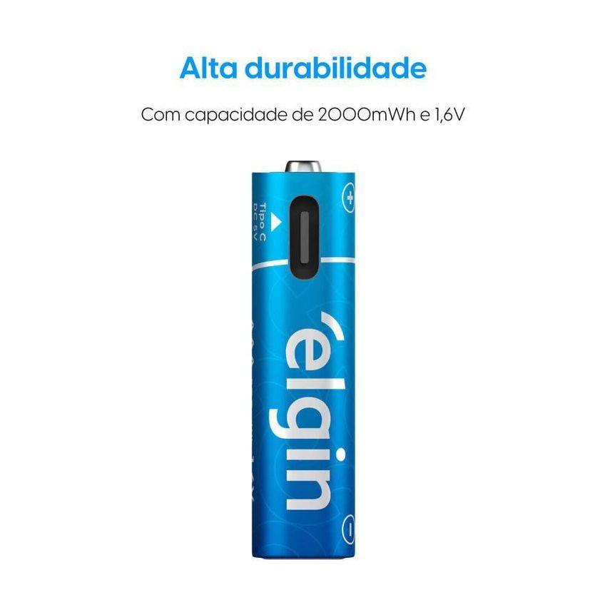 Pilha Recarregável AAA Palito USB-C 1200mAh Kit 2 Unidades Com Cabo Elgin - imagem 3