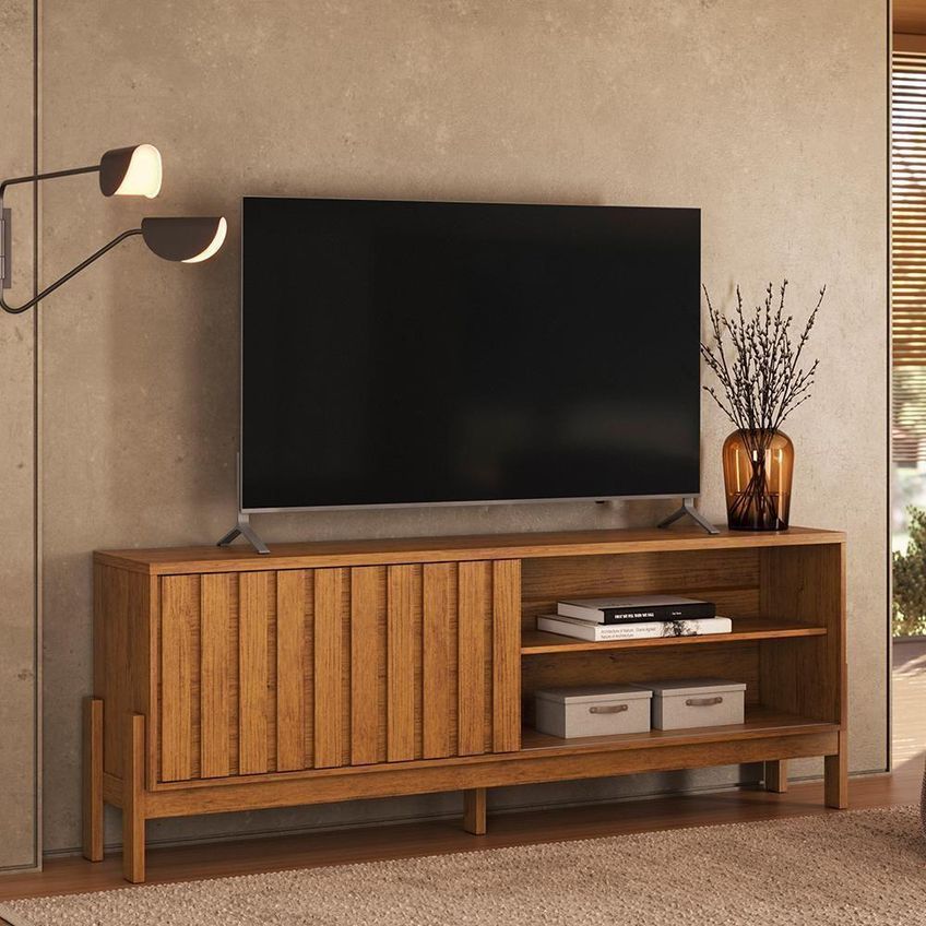 Rack Bancada Para TV New Aurora 75" 188cm MDP com Porta Deslizante Ripada Canela - imagem 4