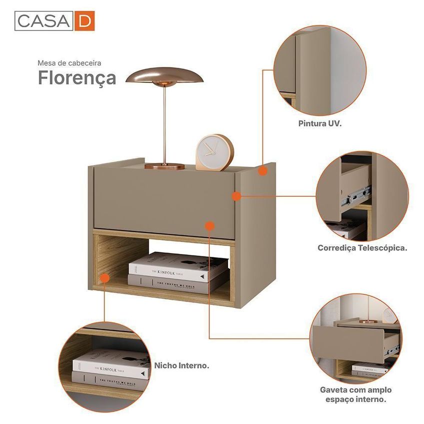 Mesa De Cabeceira Suspensa Florença 1 Gaveta Mdf Mdp Moderno Fendi Hannover - imagem 3